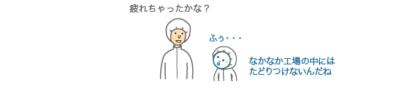 疲れちゃったかな？ふぅ・・・なかなか工場の中にはたどりつけないんだね