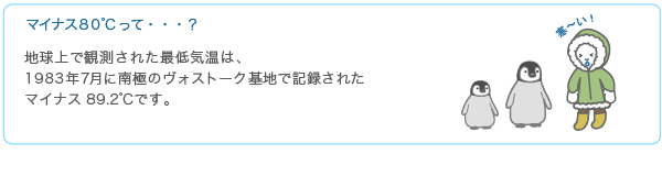 マイナス80℃って・・・？地球上で観測された最低気温は、1983年7月に南極のヴォストーク基地で記録されたマイナス89.2℃です。